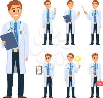 Doctor in different poses. Mascot design in vector style. Doctor character cartoon, medicine physician man illustration