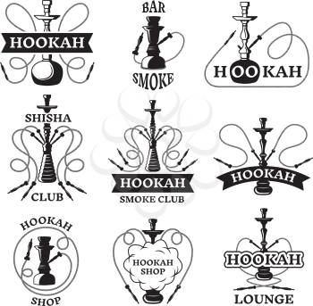Illustrations and labels set of different hookahs. Lounge smoking. Smoke hookah pipe, lounge arabic relax vector