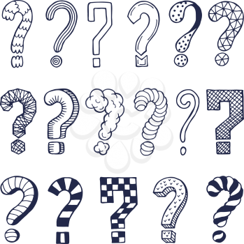Set of drawn question marks in different styles. Vector doodles. Illustration of question symbol collection