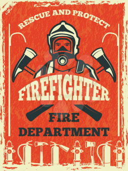 Poster for firefighter department. Design template in retro style. Fire department poster and banner with fighter. Vector illustration