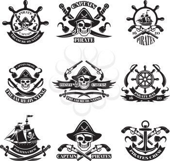 Monochrome pictures of pirate labels. Illustration of military ships, skull and guns. Skull and pirate ship emblem with weapon vector