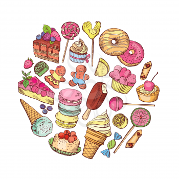 Vector hand drawn types of sweets food circle concept illustration