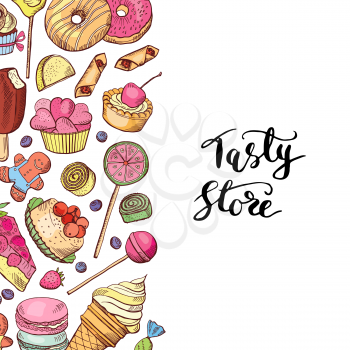 Vector hand drawn colored sweets shop or confectionary background with lettering illustration