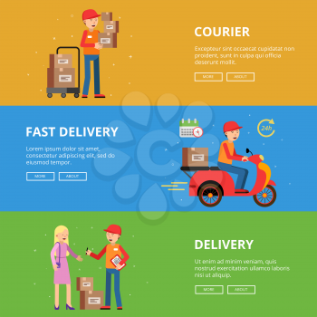 Horizontal banners set. Delivery service people. Vector delivery service, box and cargo parcel illustration