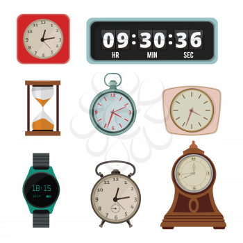 Set of colorful clock in flat style. Collection of clock and watch, digital and vintage. Vector illustration