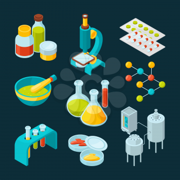 Isometric icons set of pharmaceutical industry and scientific theme. Chemistry isometric laboratory, scientific medicine elements. Vector illustration