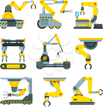 Robotic hands for machine industry. Illustrations of mechanical industrial equipment. Robot machine technology industry, mechanical robotic arm machinery vector