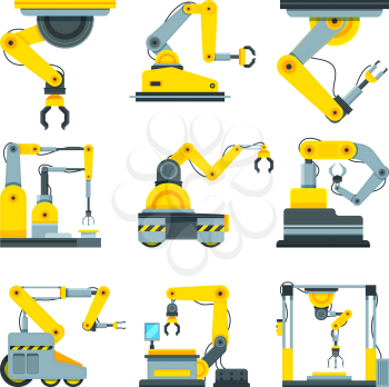 Industrial mechanical hands. Vector pictures in cartoon style. Robot arm for production industrial, equipment manufacturing illustration