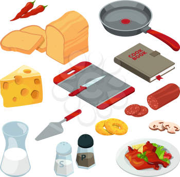 Vector illustrations of different foods and kitchen tools for cooking. Kitchen food and kitchenware cook