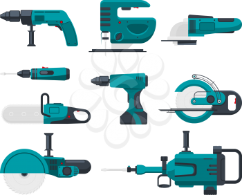 Vector illustrations of electrical construction tools. Set of electric equipment screwdriver and jackhammer, jigsaw and grinder