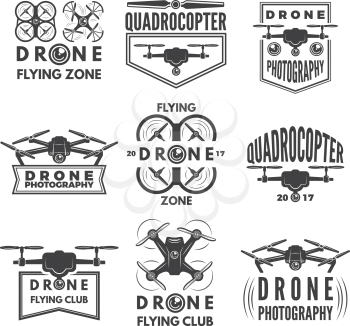 Monochrome labels with different quadrocopters. Set of quadrocopter aviation with propeller, vector illustration