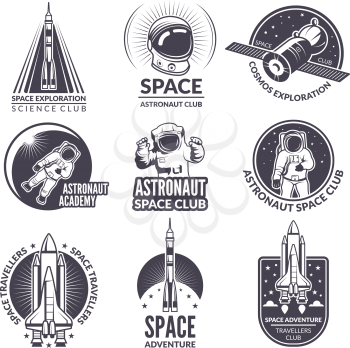 Monochrome illustrations of space shuttle and astronauts for labels and badges. Spaceship and science exploration emblems, launch shuttl with astronaut vector