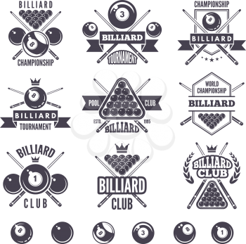 Logos set for billiard club. Billiard badge and emblem, game sport snooker illustration