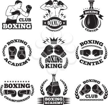 Boxing club, or mma fighting labels. Monochrome vector illustrations. Box badge and emblem with fighter
