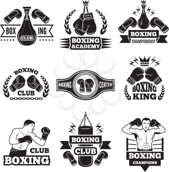 Monochrome labels set for boxing championship. Illustration of gloves and boxer. Emblem label for boxing club or competition vector