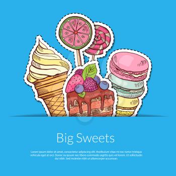Vector hand drawn sweets in pocket illustration with place for text. Ice cream and cake