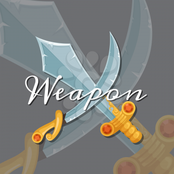 Vector fantasy cartoon style game design medieval crossed magic sword and saber. Blade knife and military saber game illustration
