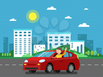 Red car on the road in urban landscape. Vector illustration in flat style. Car on road, urban background landscape, street and cityscape
