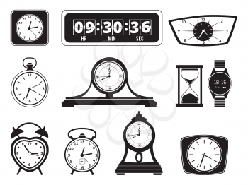 Monochrome illustrations of different clocks. Alarm and bells. Vector clock timer vintage and modern