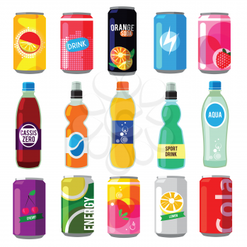 Fizzy drinks in glass bottles. Colored vector pictures. Set of beverage soda fizzy, drink fresh container illustration