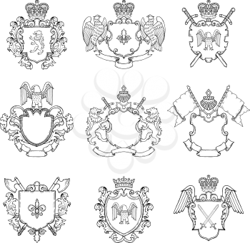 Template of heraldic emblems. Different empty frames for logo or badges design. Vector heraldic badge vintage with sword and eagle illustration