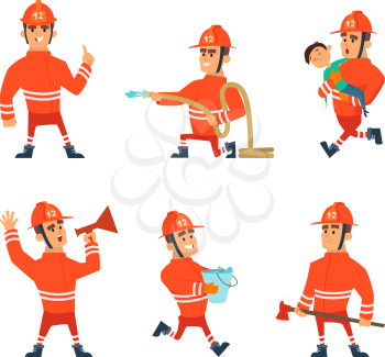 Cartoon characters of firefighters in action poses. Vector firefighter emergency, illustration of fireman