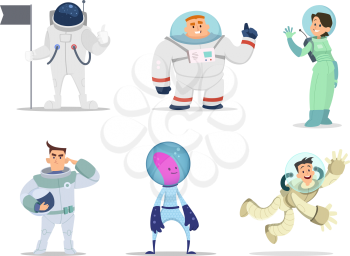 Male and female astronauts. Cartoon characters in action poses. Vector astronaut male and cosmonaut woman illustration