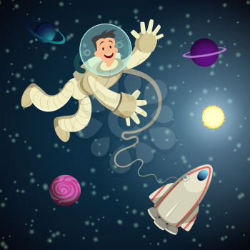 Astronaut in open space with shuttle and some planets. Vector cartoon background. Character astronaut in universe, planet and galaxy illustration