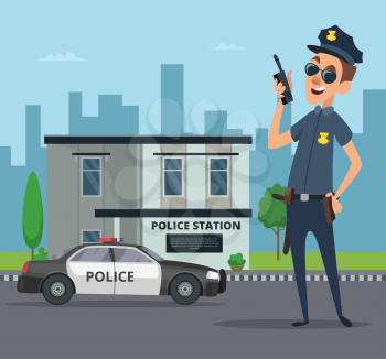 Building of police station and cartoon character of policeman. Policeman officer cartoon cop, vector illustration