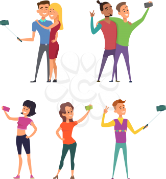Funny characters male and female make selfie. Happy couples in cartoon style. Female and male, man and woman couple selfie mobile phone, vector illustration