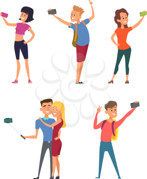 Different funny characters make selfie on their smartphones. Vector characters happy with camera for self photography illustration