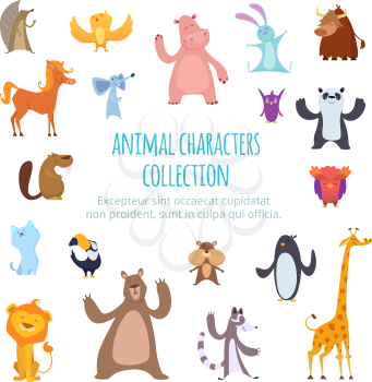 Vector background pictures with different cartoon animals. Wild exotic giraffe and bear, bull and horse illustration