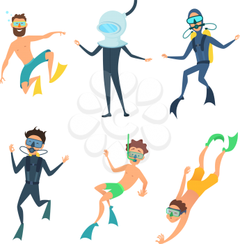 Cartoon illustrations of sea divers funny characters. Diver character male swim underwater vector