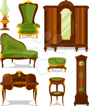 Antique furniture in cartoon style. Vector illustrations isolate. Antique interior furniture wooden vintage