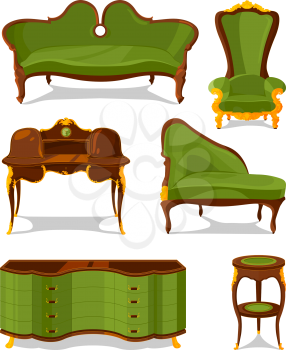 Retro old decorative furniture for living room. Furniture for home interior retro. Vector illustration