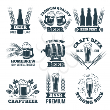 Labels or badges set of beer. Elements for emblem or logo design. Beer badge and label emblem, brewery logotype vector illustration