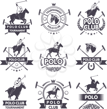 Sport labels for polo games. Monochrome silhouette of jockey and horse. Polo sport competition game illustration