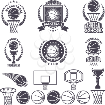 Sport logos with basketball monochrome pictures. Vector labels set isolate on white. Sport basketball label and emblem for championship or tournament illustration