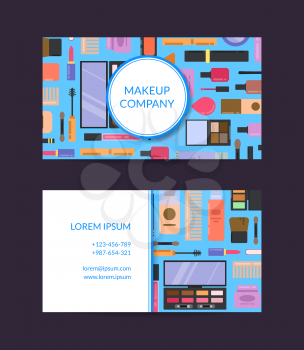 Vector business card template for beauty brand or makeup artist with flat style makeup and skincare and circle and square with stripes and shadows illustration