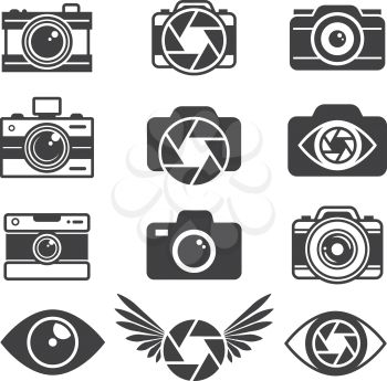 Monochrome pictures of symbols for photographers and photo studios. Camera photo, photography lens equipment, vector illustration