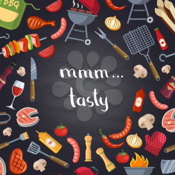 Vector barbecue or grill illustration with cooking elements on chalkboard. Food barbecue, cooking bbq drawing