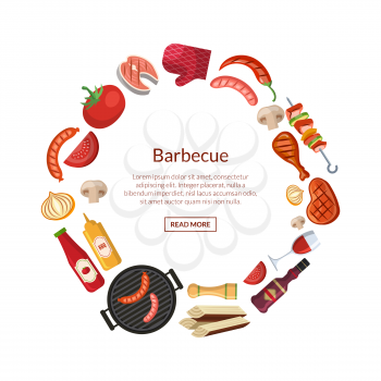 Vector illustration with barbecue, grill or steak cooking elements in circle with place for text in center