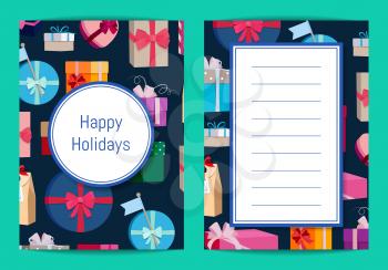 Vector card template with gift boxes in colorful wrappings with place for text illustration