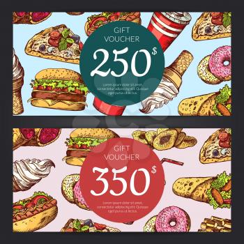 Vector discount or gift voucher with hand drawn colored fast food elements illustration