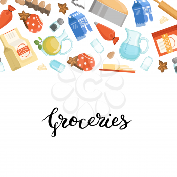 Vector banner and poster with cartoon cooking ingridients or groceries background illustration with lettering