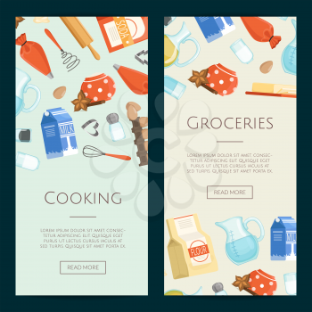 Vector cooking ingridients or groceries vertical banner templates. Grocery and cooking, ingridients fresh poster illustration