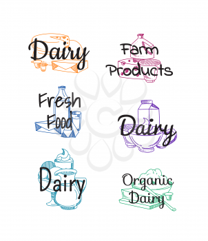Vector piles of milk products set with writings above them dairy illustration