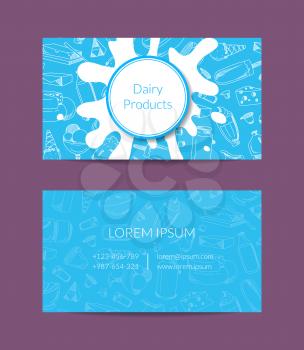 Vector business card for dairy shop or organic farm with dairy elements, milk splashes and place for text illustration