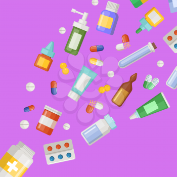 Banner vector colored medicines flying diagonal from pill bottle illustration