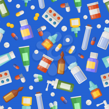 Vector colored pharmacy medicines, pills and potions pattern or background illustration
